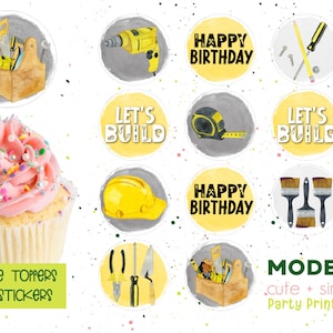 Tools Building Party Cupcake Toppers | Black and Yellow Tools Birthday Celebration | Printable Instant Download | Label Stickers