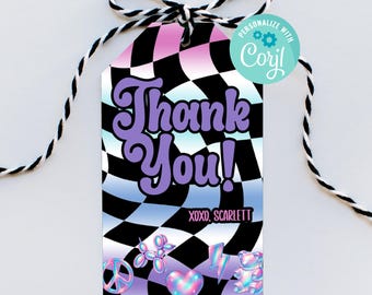 Étiquette cadeau holographique pour fête | Invitation de fête en montgolfière de style cow-girl de l'espace | Modèle personnalisable modifiable 2 x 3,5 pouces | Téléchargement numérique Corjl
