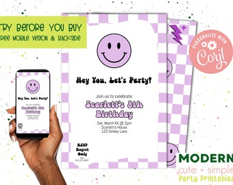 Purple Smile Checkered Invitation | Party Invite | Lavender Lightening Bolt | Editable Customizable Template | 4 x 6 | Digital Download