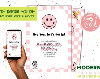 Pink Smile Checkered Invitation | Party Invite | Lightening Bolt | Editable Customizable Template | 4 x 6 | Digital Download