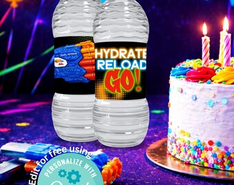 Dart Gun Blaster Birthday Party Water Bottle Label | Party Favor | Editable Customizable Template  | Corjl Instant Digital Download