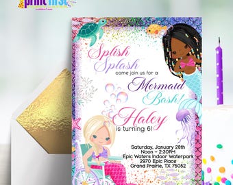Mermaid Birthday Invitation Inclusion (Wheelchair) Instant Download | Corjl Customizable | 5 x 7 Editable - BL-AA