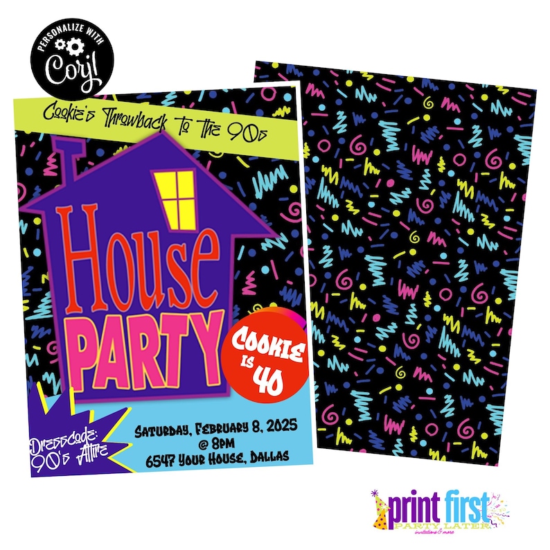 Puede incluir: Una invitaci&oacute;n a una fiesta tem&aacute;tica de los 90 con un gr&aacute;fico de casa p&uacute;rpura y las palabras "House Party". La invitaci&oacute;n incluye el texto "Cookie is 40" y los detalles del evento. El reverso tiene un fondo negro con garabatos coloridos.