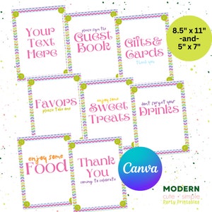 May include: Printable party signs with a colorful button and wavy border design. The signs include text such as "Guest Book", "Gifts & Cards", "Favors", "Sweet Treats", "Drinks", "Food", and "Thank You".