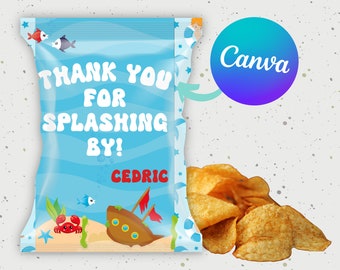 Merboy Mermaid Boy Party Chip Bag Template | Summer Boy Cute Invite | Editable Customizable Template | Canva Digital Download