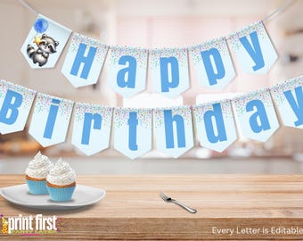 Raccoon Birthday Party Banner Template | Cute Woodland Critters Party | Editable Template | Corjl Digital Download