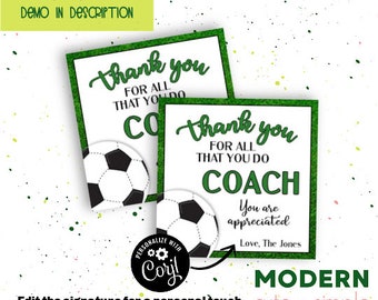 Thank You Coach Soccer 2" x 2 Gift Tag - Instant Printable Digital Download, Thank you card