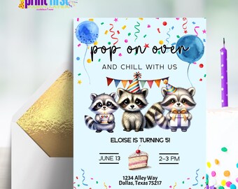 Raccoon Birthday Party Invitation | Cute Woodland Critters Party | Editable Template 5x7 | Corjl Digital Download