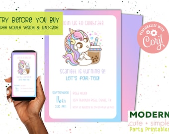 Licorne Boba Par Thé Lait Tapioca Taro Invitation | Invitation à une fête | Lavande Rose Bleu | Modèle modifiable | 4 x 6 | Téléchargement numérique