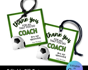 May include: Two green and white gift tags with a football design. The tags say "Thank you for all that you do Coach You are appreciated Love, The Jones".