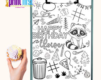 Raccoon Birthday Party Placemat | Cute Woodland Critters | Editable Coloring Sheet Customized Template | Corjl Digital Download