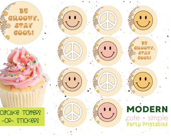 Retro Smile Checkered Cupcake Topper | Round Label | Smiley Face Groovy Party | Instant Download Digital Printable