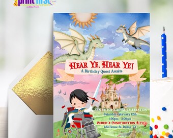 Knight with Dragons Quest Birthday Invitation Inclusion (Wheelchair) Instant Download | Corjl Customizable | 5 x 7 Editable - BK