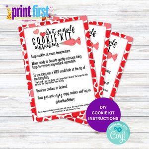 Instruções para kit de biscoitos DIY Hearts Love Valentines Day - 3,5" x 5" - Etiqueta de festa para impressão - Biscoitos - Download digital - Etiqueta editável de fevereiro