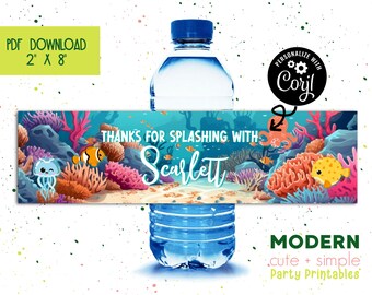 Sous l'étiquette de la bouteille d'eau Sea Ocean | Fête des créatures de la mer de l'océan | Modèle de faveur de fête | Téléchargement numérique imprimable instantané Corjl