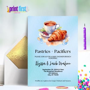 Baby Shower Brunch Invitation | Pastries + Pacifiers Party Invite | Editable Customizable Template 5x7 | Canva Digital Download - BLUE