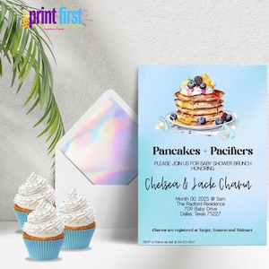 Baby Shower Brunch Invitation | Pancake and Pacifiers Party Invite | Editable Customizable Template 5x7 | Corjl Digital Download - BLUE