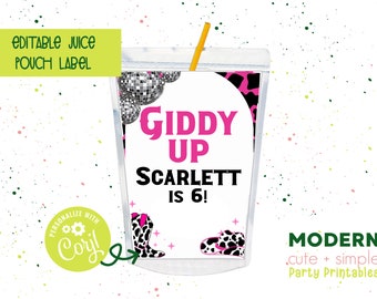 Disco Dolly Cowgirl Birthday Juice Pouch Label | Digital Party Decor | Template for Party | Corjl Instant Printable Digital Download