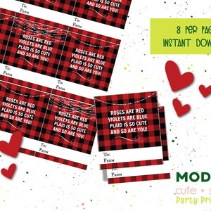 Le rose sono rosse Divertenti biglietti stampabili di San Valentino / Buffalo Plaid tradizionale / Biglietto di San Valentino scolastico / Bomboniera stampabile / Download istantaneo