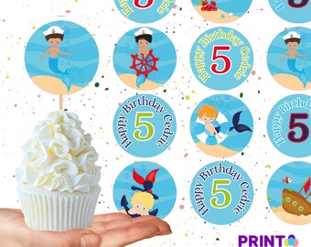 Merboy Mermaid Boy Birthday Cupcake Toppers Printable Template | Summer Boy Cute | Editable Customizable Template | Canva Digital Download