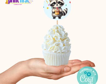 Raccoon Birthday Party Cupcake Toppers| Cute Woodland Critters Party 2" Rounds Label | Editable Template DIY | Corjl Digital Download