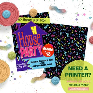 Puede incluir: Una invitaci&oacute;n a una fiesta tem&aacute;tica de los 90 con un gr&aacute;fico de casa p&uacute;rpura que dice "House Party". La invitaci&oacute;n incluye el texto "Cookie is 40" y los detalles del evento. El dise&ntilde;o tiene confeti colorido y dulces.