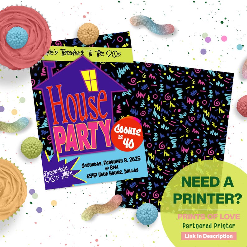 Puede incluir: Una invitaci&oacute;n a una fiesta tem&aacute;tica de los 90 con un gr&aacute;fico de casa p&uacute;rpura que dice "House Party". La invitaci&oacute;n incluye el texto "Cookie is 40" y los detalles del evento. El dise&ntilde;o tiene confeti colorido y dulces.
