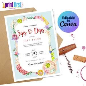Charcuterie Sips and Dip Invitation | Bridal Baby Wedding Shower Friendsgiving | Editable Customizable Template 5x7 | Canva Digital Download