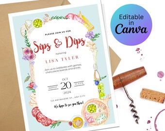 Charcuterie Sips and Dip Invitation | Bridal Baby Wedding Shower Friendsgiving | Editable Customizable Template 5x7 | Canva Digital Download