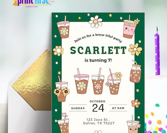 Brew-tiful Cute Coffee Birthday Invitation | Latte Java Frappe Party Invite | Editable Customizable Template 5x7 | Canva Digital Download