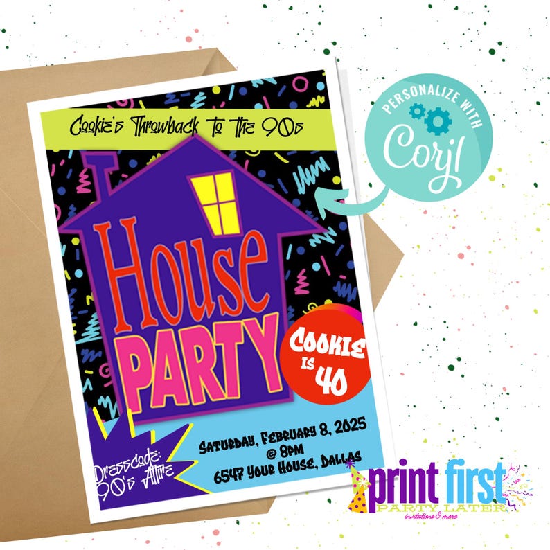 Puede incluir: Una invitaci&oacute;n a una fiesta con un gr&aacute;fico de casa p&uacute;rpura y las palabras "House Party" en letras grandes. La invitaci&oacute;n es para el 40 cumplea&ntilde;os de Cookie, con un tema de los a&ntilde;os 90. La invitaci&oacute;n incluye la fecha, la hora y el lugar.