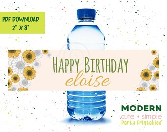 Little Sunflower Water Bottle Label 2" x 8" | Wildflower | Floral Boho Invite | Instant Download Editable Template Corjl