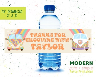 Hippie Flower Power Water Bottle Label | VW Van Birthday | Retro Cute Invite | Instant Download Editable Digital Template Corjl