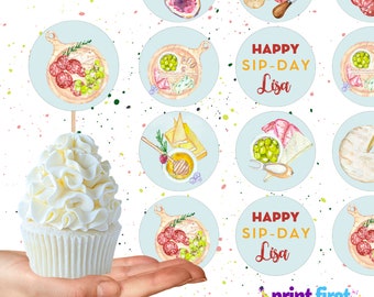 Petites gorgées de charcuterie et garnitures pour cupcakes 2" rondes | Mariage pour bébé, douche de l'amitié | Modèle modifiable | Téléchargement numérique Canva
