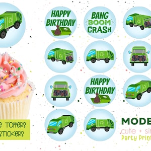 Festa di compleanno del camion della spazzatura 2" rotondo / Etichetta adesiva / Festa dell'autocarro con cassone ribaltabile / Riciclo dei rifiuti / Cupcake Topper / Download digitale stampabile