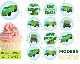 Trash Truck Geburtstagsparty 2&quot; Rund | Aufkleber Label | Kipper Party | Müll Recycle | Cupcake Topper | Digitaler Download Printable