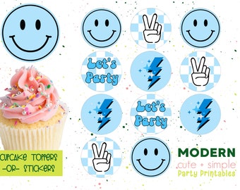 Let's Party Smile Checkered Invitation | Party Invite | Pastel Blue Bolt | Round Label | Instant Download Digital Printable
