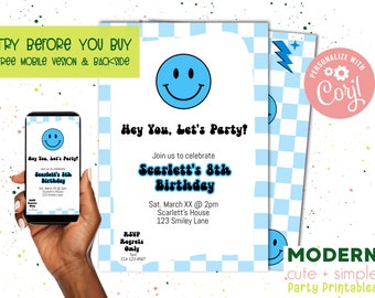 Blue Smile Checkered Invitation | Party Invite | Baby Electric Blue Bolt | Editable Customizable Template | 4 x 6 | Digital Download