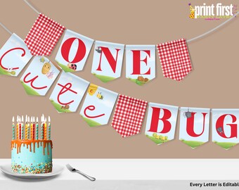 May include: A colorful banner with red and white gingham print flags that reads "One Cute Bug". The banner is decorated with images of bugs and other insects. The banner is perfect for a first birthday party.