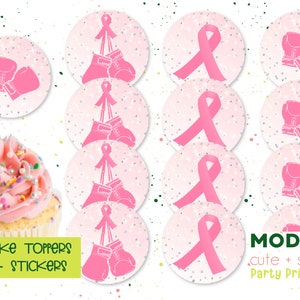 Brustkrebs Geburtstag Remission Feier Party Pink druckbare Aufkleber Cupcake Toppers - 2" runde Vorlage - Digitaler Download