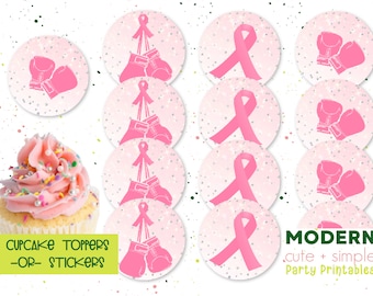 Fight Breast Cancer Birthday Remission Celebration Party Pink Printable Sticker Cupcake Toppers  - 2" Round Template - Digital Download
