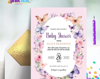 Butterfly Kisses Baby Shower Birthday Invitation | Garden Floral Party Invite | Editable Customizable Template 5x7 | Corjl Digital Download