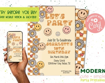 Retro Smile Checkered Invitation | Party Invite | Editable Customizable Template | 4 x 6 | Digital Download