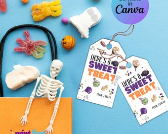 May include: Two printable Halloween gift tags with a white background and colorful cartoon images of candy, potions, and stars. The text on the tags reads "Here's a Sweet Treat" with the name "Taylor" at the bottom.