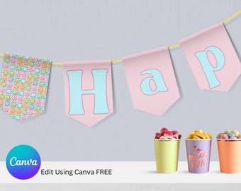 Granny Squares Quilt Party Birthday Banner Template | Summer Boy Cute Invite | Editable Customizable Template | Canva Digital Download