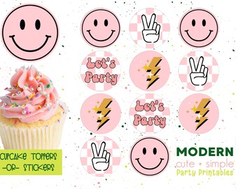 Let's Party Smile Checkered Invitation | Party Invite | Pastel Pink Bolt | Round Label | Instant Download Digital Printable