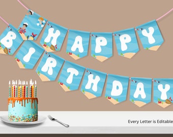 Merboy Mermaid Boy Party Birthday Banner Template | Summer Boy Cute Invite | Editable Customizable Template | Canva Digital Download