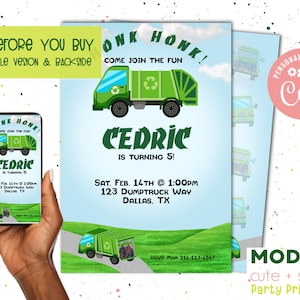Trash Truck Birthday Invitation | Dump Truck Party Invite | Editable Customizable Template, Garbage Truck | 4 x 6 | Digital Download
