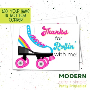 Thanks for Rollin' with me | Roller Skating Birthday Party Thank You Card| Roller Blades Instant Download | Digital File | 3.5 x 5