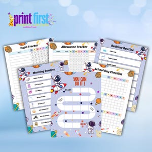 May include: A set of printable space-themed charts for kids to track habits, routines, and allowances. The charts feature an astronaut and rocket ship design. The charts include "Habit Tracker", "Morning Routine", "Allowance Tracker", "Bedtime Routine", and "School Day Checklist".